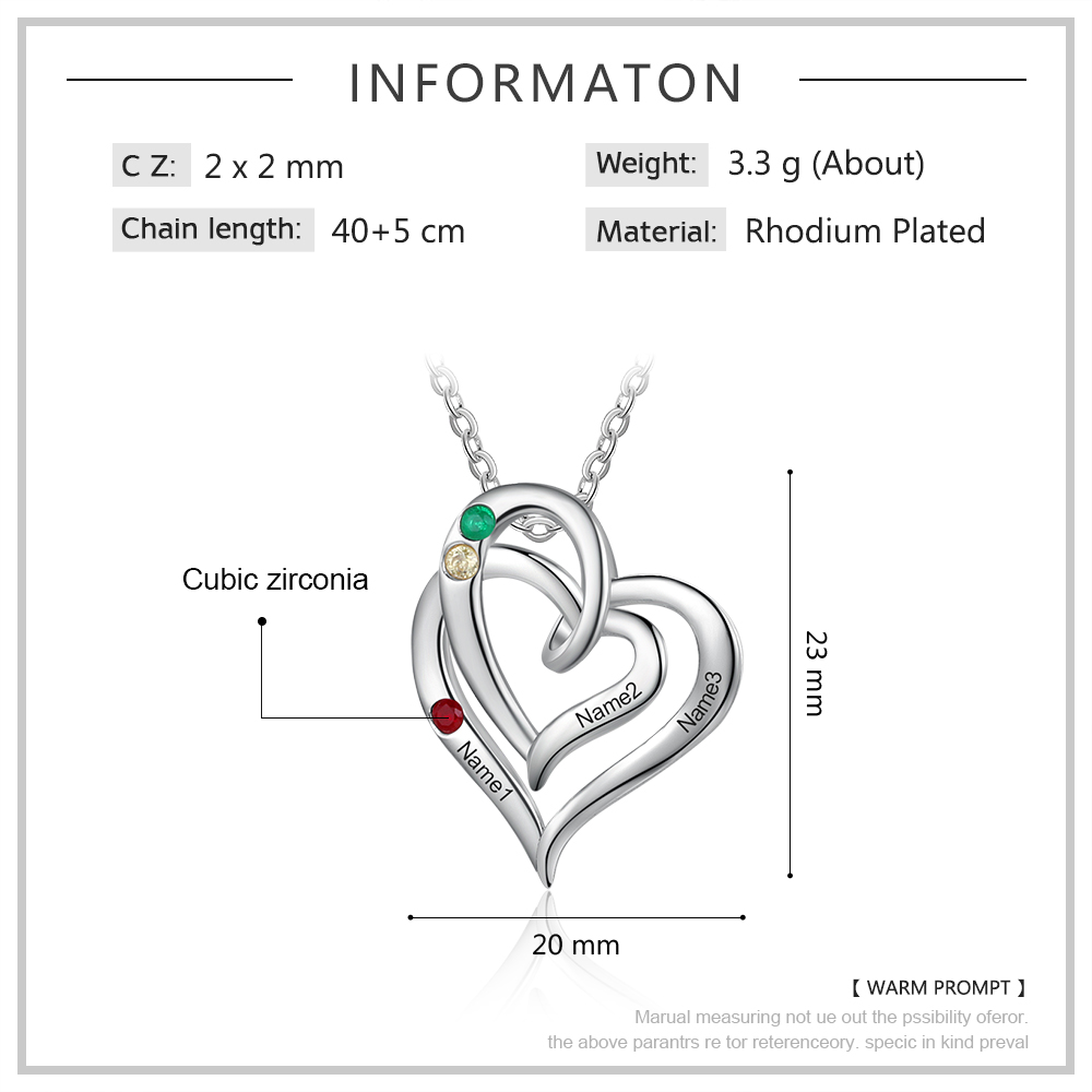 Personalised Heart Necklace With 2 Birthstones Engraved Names Gift For Her-Jessemade AU