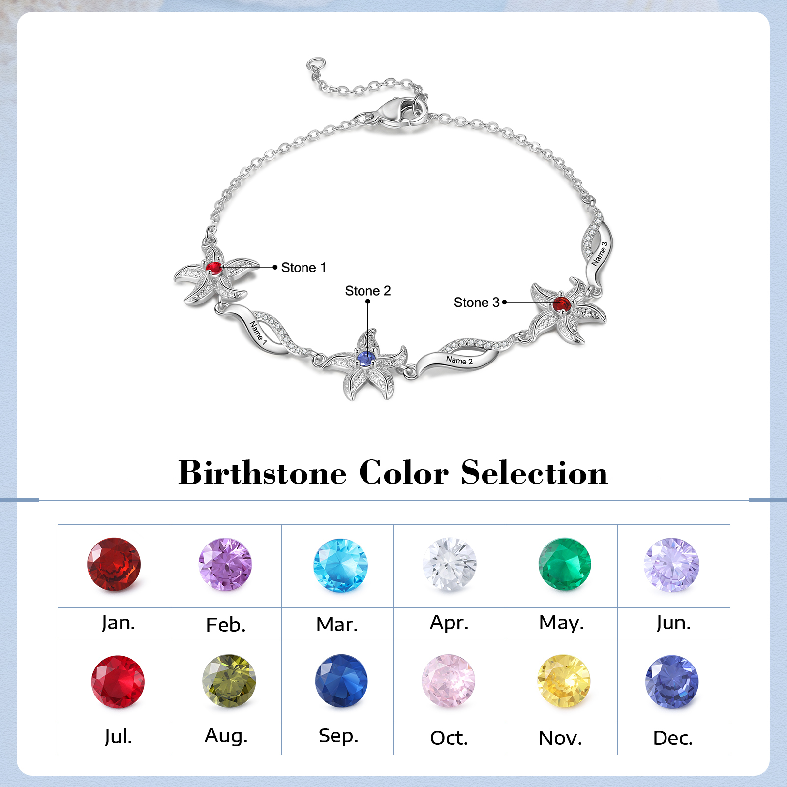 Personalised Women's Bracelet Custom 3 Birthstones Bracelet Starfish Adjustable Bracelet Mother's Day Gift for Her-Jessemade AU