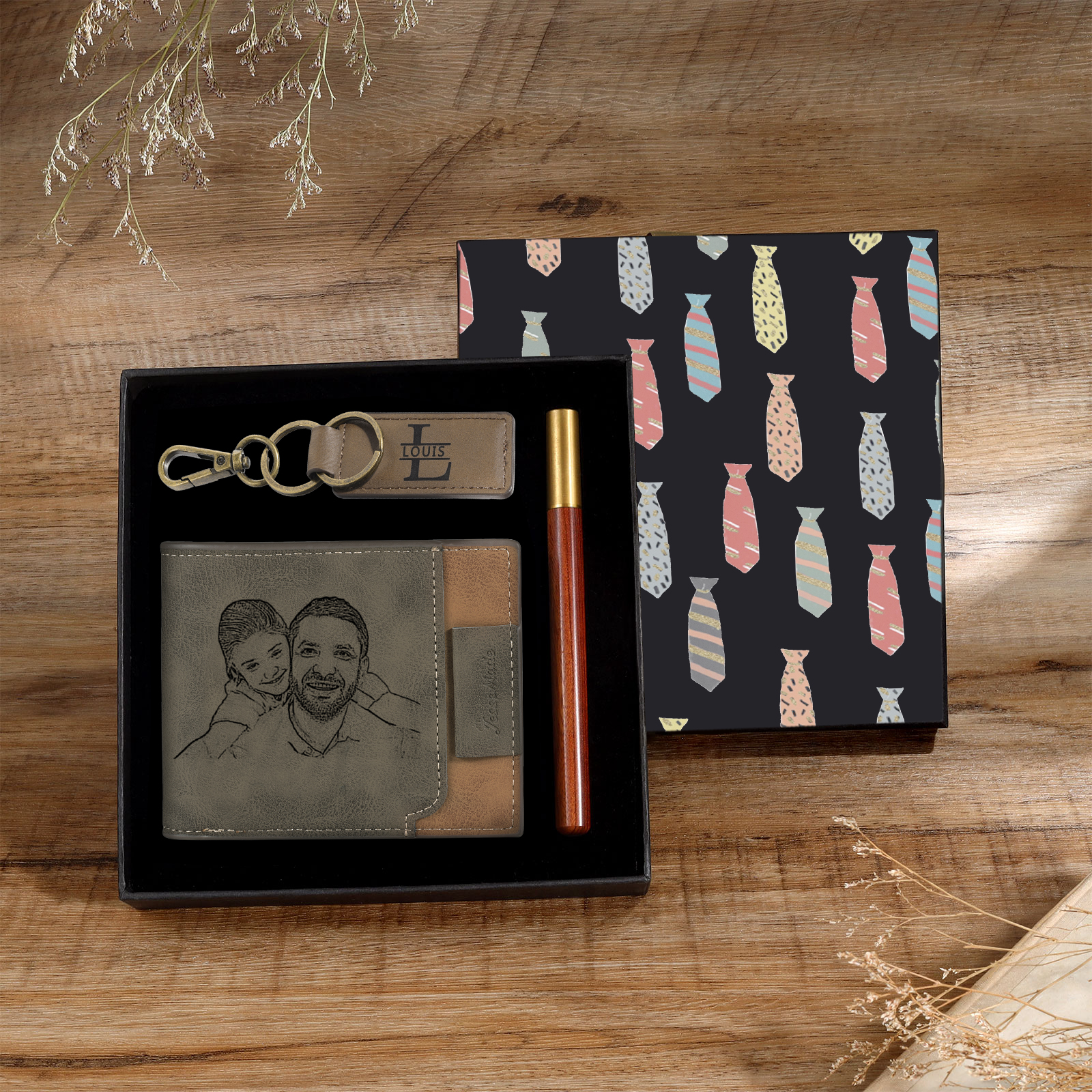 Personalised 1 Photo & 2 Names & 2 Letters Gift Set Custom Wallet & Keychain & Pen Gift Box Set Father’s Day Gift for Him-Jessemade AU