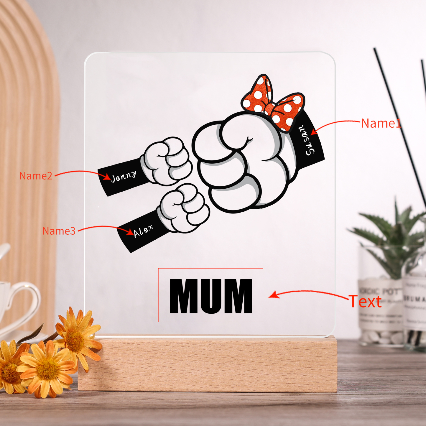 3 Names - Personalised Acrylic Night Light Custom Names & Text Fist Bump LED Lamp Gifts for Family-Jessemade AU