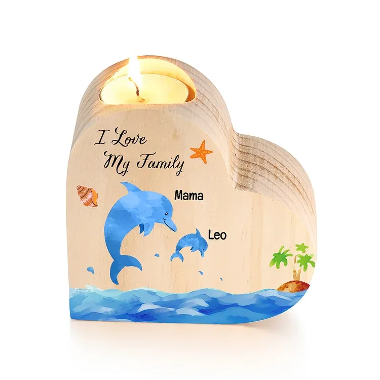 Family Dolphin Heart Candle Holder Personalised Wooden Candlestick Custom 2 Names-Jessemade AU