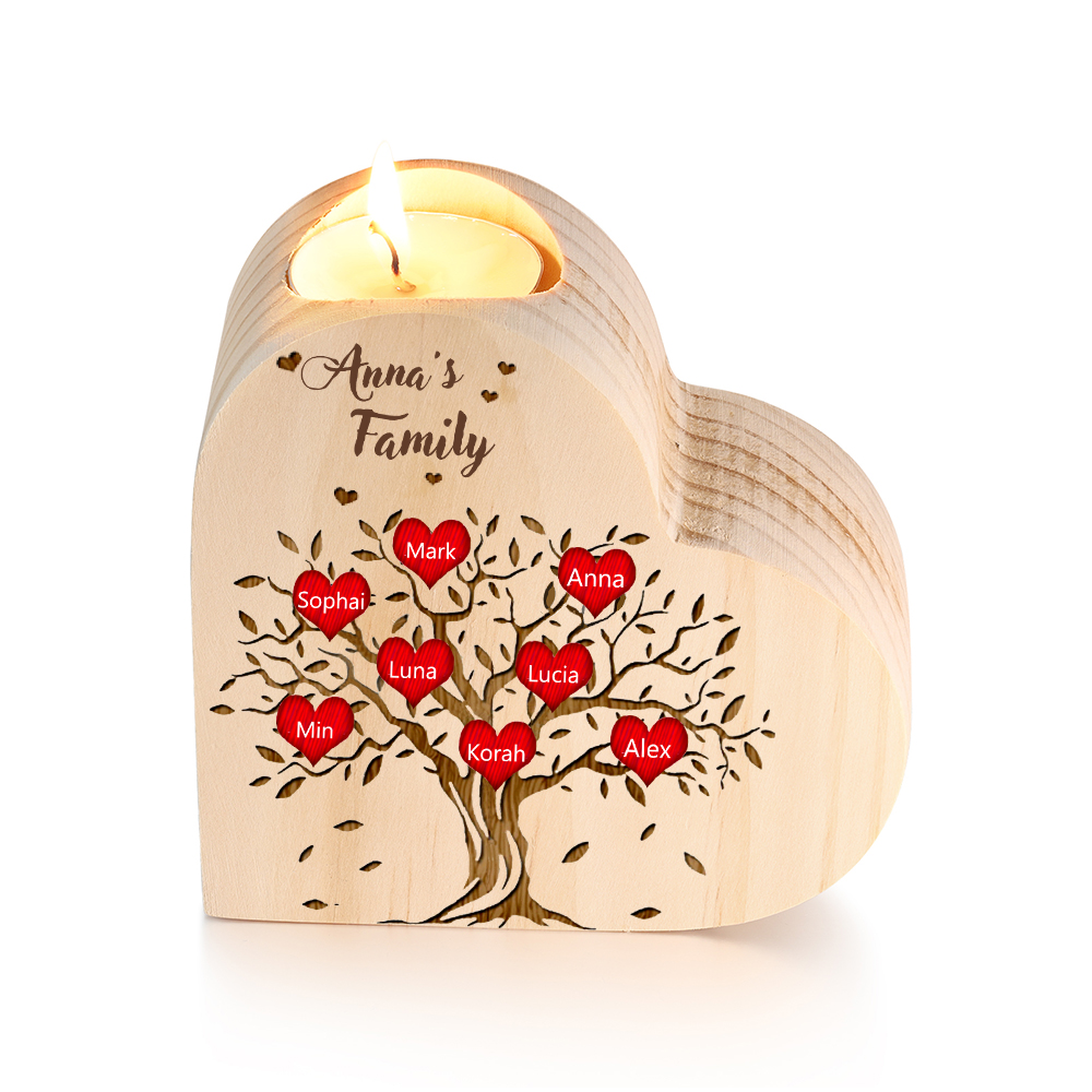 To My Family Wooden Heart Candle Holder Custom 8 Names Family Tree Candlesticks-Jessemade AU