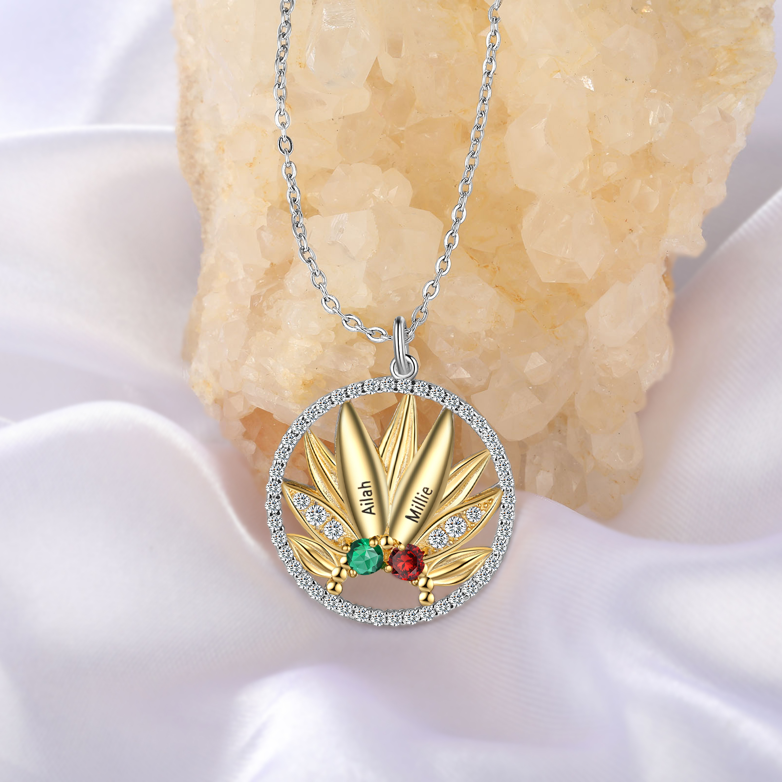 Personalised Sunflower Necklace With 2 Birthstones Engraved Names Necklace Gift For Women-Jessemade AU