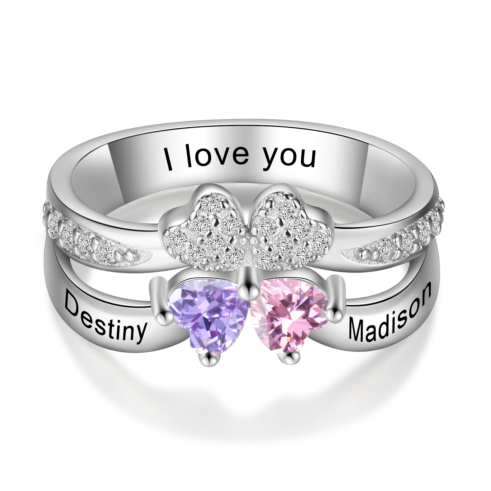 Personalised Ring With 2 Birthstones Engraved Names Ring Best Gift For Women-Jessemade AU