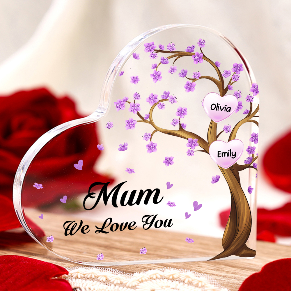 2 Names - Personalised Acrylic Heart Keepsake Custom Text Purple Flowers Tree Ornaments Gifts for Grandma/Mother-Jessemade AU