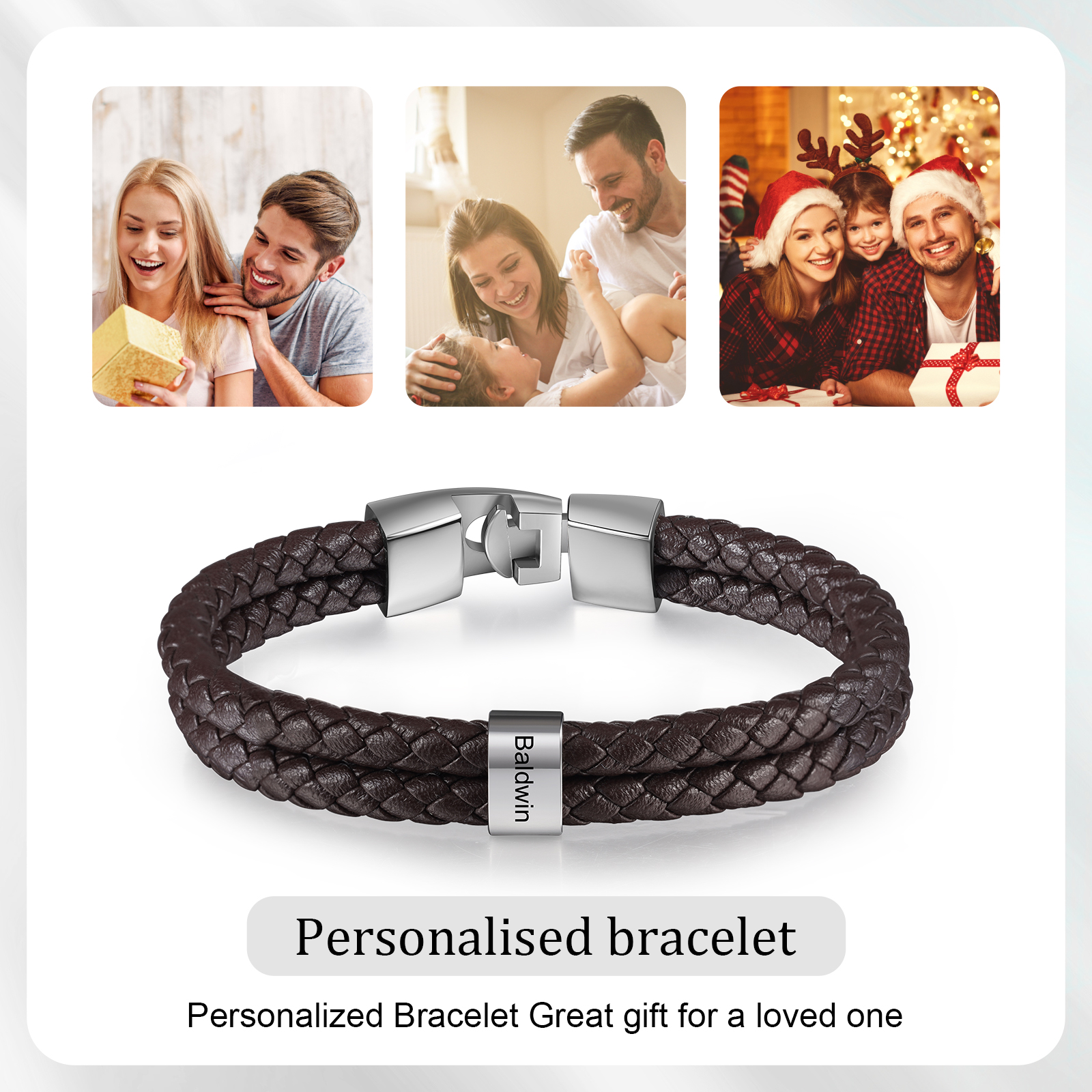 Brown Personalised Double Layered Braided Leather Bracelet Engraved 1 Name Mens Bracelet for Him-Jessemade AU