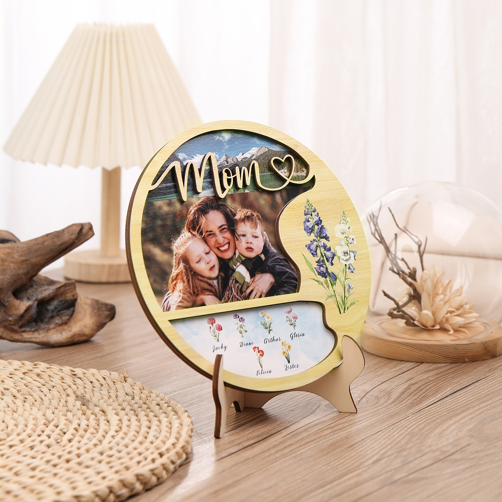 Personalised Photo & Text Wooden Plaque Custom 7 Birth Flowers & 6 Names Wooden Sign With Stand Gifts for Mum/Nana-Jessemade AU