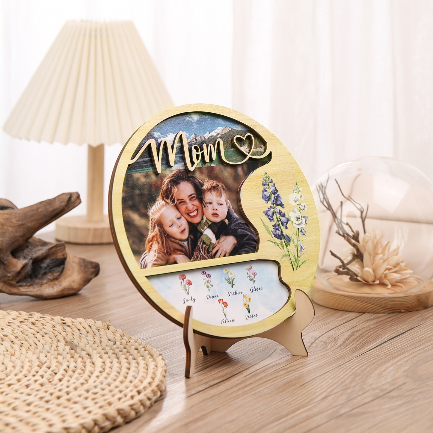 Personalised Photo & Text Wooden Plaque Custom 7 Birth Flowers & 6 Names Wooden Sign With Stand Gifts for Mum/Nana-Jessemade AU