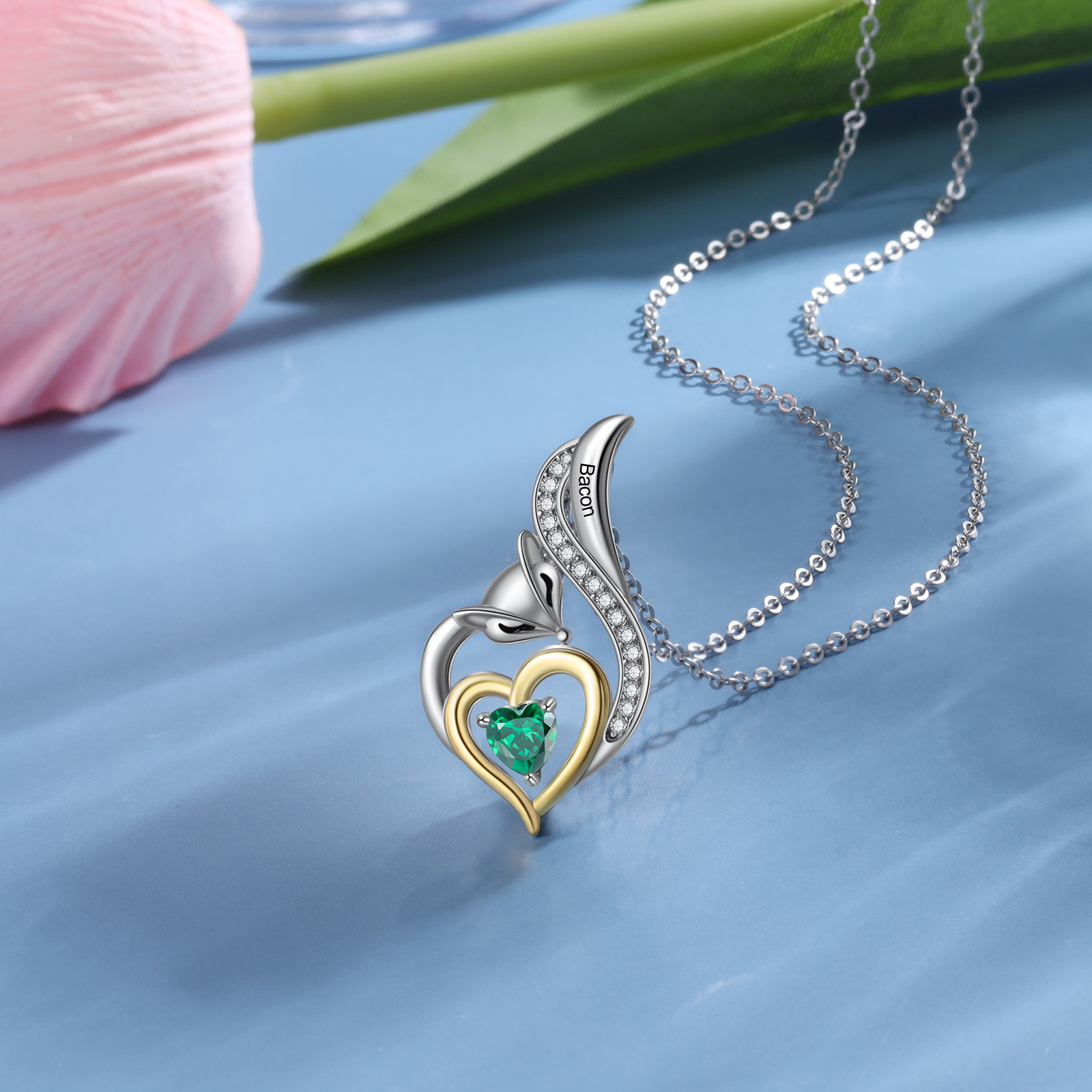 Personalised Heart Fox Necklace with Birthstone Engraved Name Gifts for Her-Jessemade AU