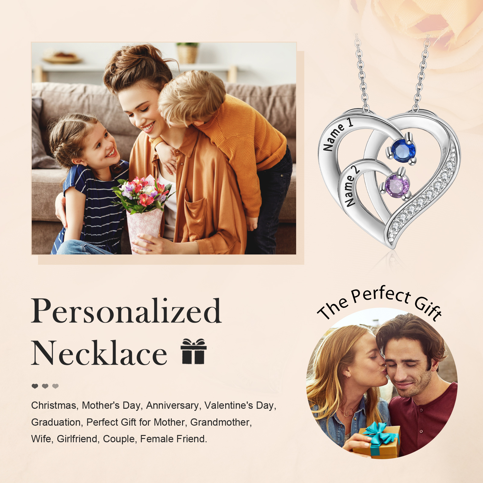 Personalised Mother Necklace Engraved 2 Names 2 Birthstone Intertwined Heart Pendant