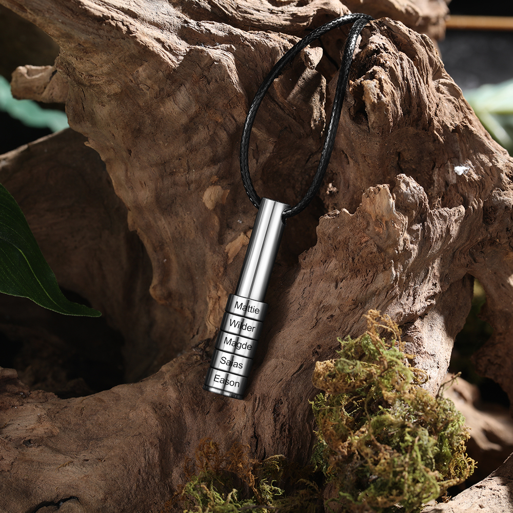 Personalised Vertical Cylinder Pendant Necklace with Beads Engraved 6 Names Men's Necklace for Him-Jessemade AU