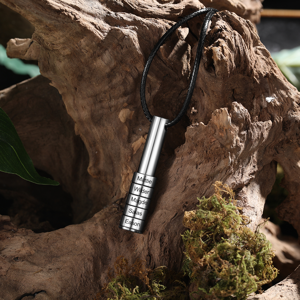 Personalised Vertical Cylinder Pendant Necklace with Beads Engraved 7 Names Men's Necklace for Him-Jessemade AU
