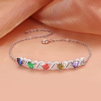 Personalised Bracelet With 5 Heart Birthstones Engraved Names Bracelet Gift For Women-Jessemade AU