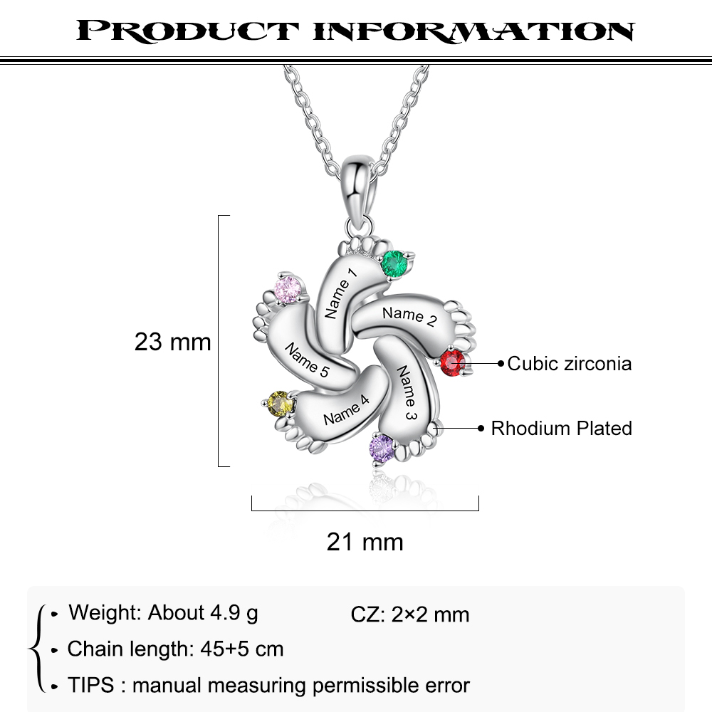 Personalised Baby Foot Necklace With 5 Birthstones Engraved Names Gift For Mother-Jessemade AU