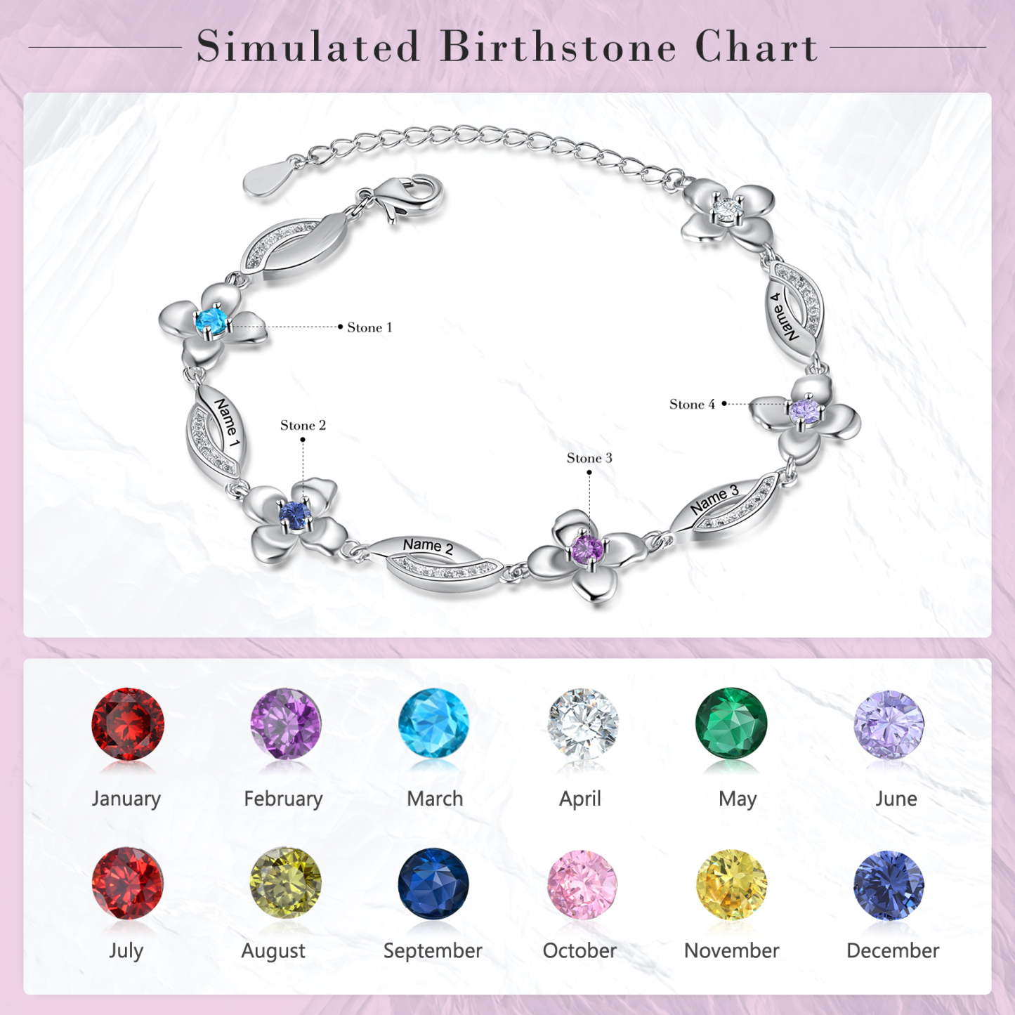 Flowers Bracelet Personalised 4 Birthstone Bracelet Engraved Names Flowers Charm Gifts For Her-Jessemade AU