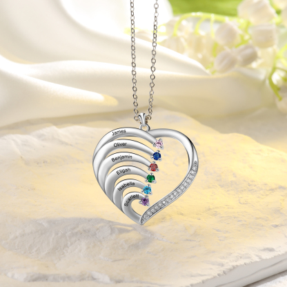 Personalised Mother Necklace 6 Stones Engraved 6 Names Birthstone Intertwined Heart Pendant Gifts for Her-Jessemade AU