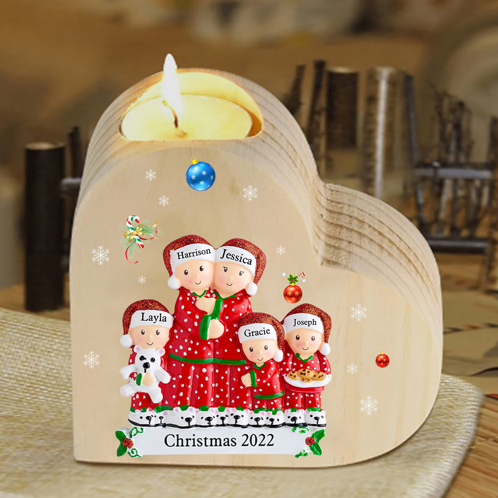 Christmas Family Candle Holder Wooden Custom 5 Names Heart Candlesticks Gifts For Family-Jessemade AU