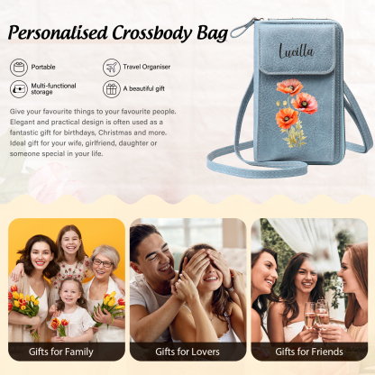 Personalised Women's Leather Wallet Custom Birthday Flower & Name Mobile Phone Wallet Zipper Crossbody Bag
