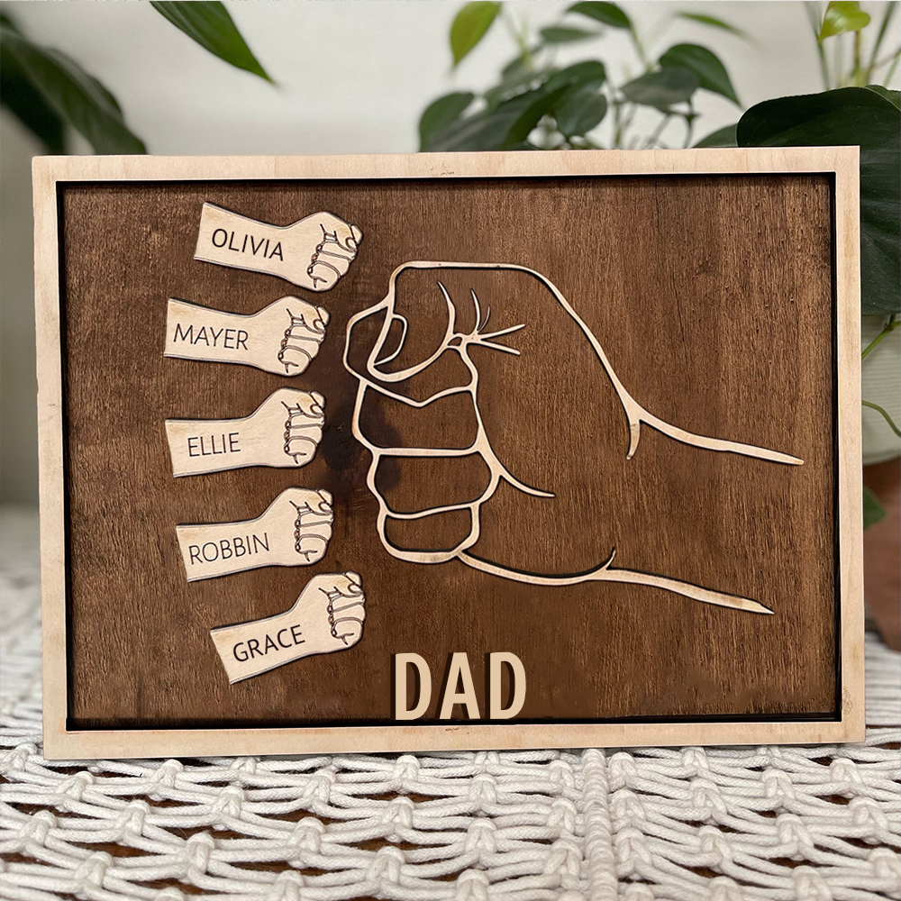 Father and Sons/Daughters Fist Signs Engrave 5 Names Family Bond Wood Frame-Jessemade AU