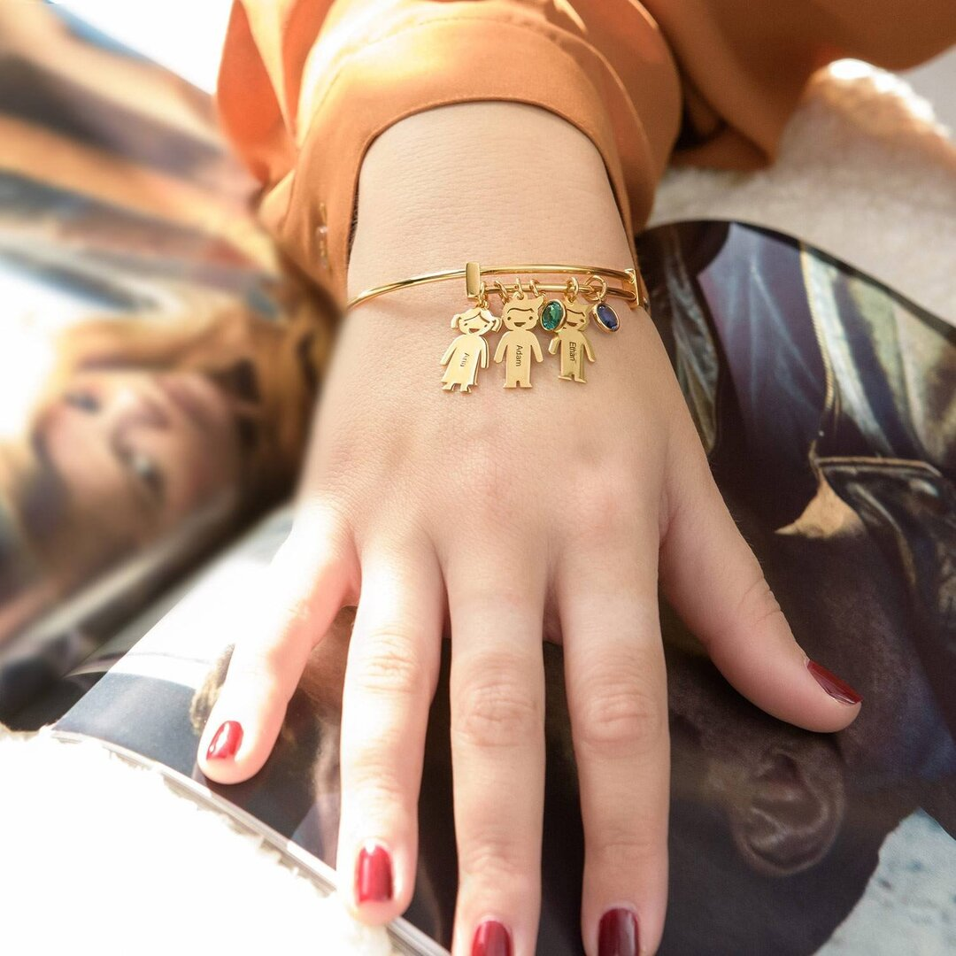 Personalised Kid Charms Bangle Bracelet With Names Customised 3 Birthstones Gift for Her-Jessemade AU