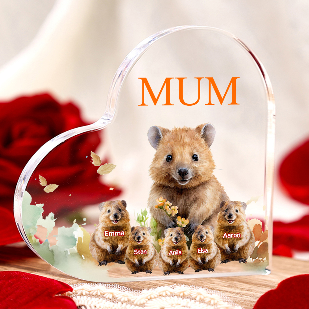 Personalised Acrylic Heart Keepsake Custom 1 Text & 5 Names Ornament Quokka Family Gift for Mother/Grandma-Jessemade AU