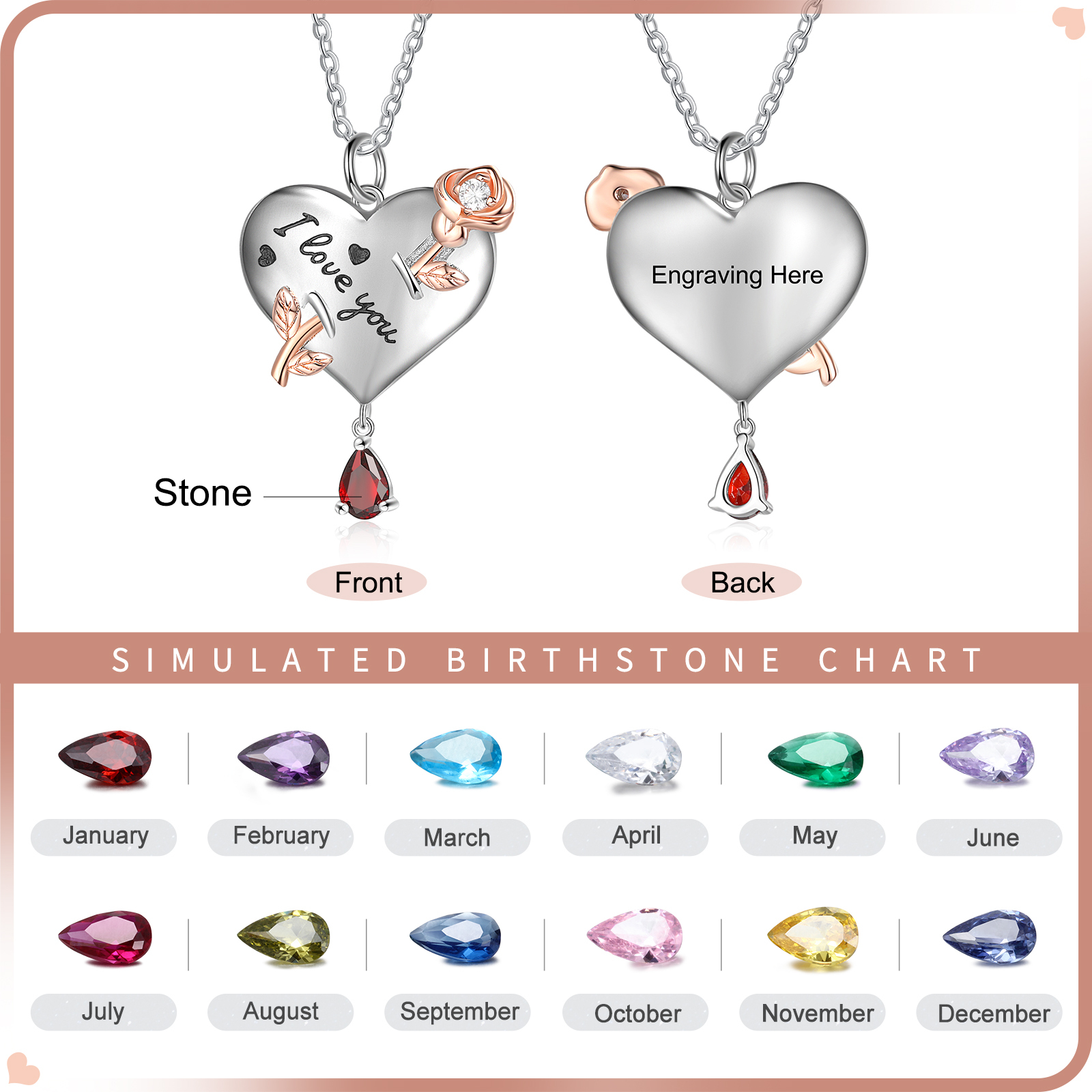 Personalised Heart Rose Necklace With Birthstone Valentine's Day Gifts For Her-Jessemade AU