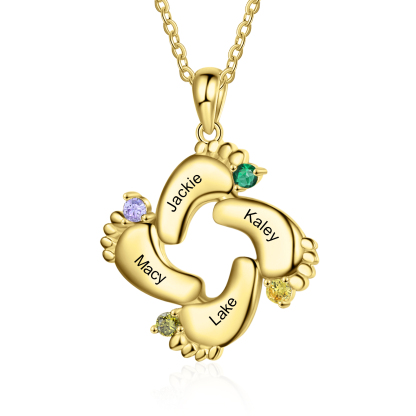 Personalised Baby Feet Necklace With 4 Birthstones Engraved Names Gift For Mother-Jessemade AU