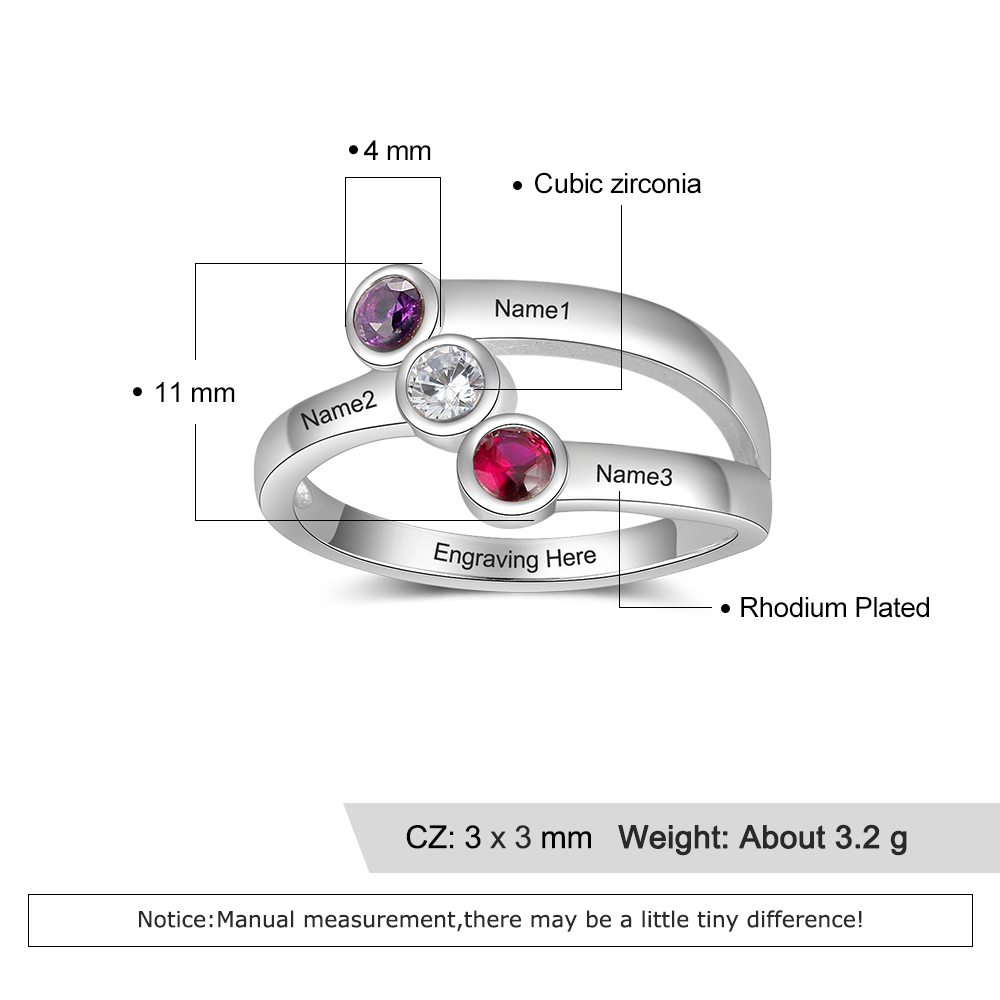 Personalised Ring With 3 Birthstones Engraved Names Ring Gift For Women-Jessemade AU