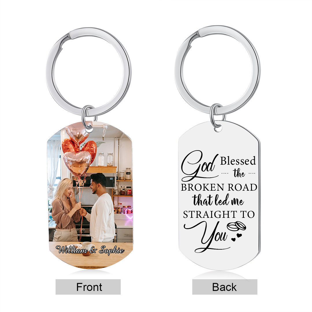 Personalised Couple Photo Keychain Customised 2 Names Keyring Valentine's Day Gifts - God Blessed the Broken Road that Led Me Straight To You-Jessemade AU
