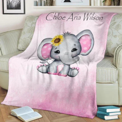 Personalised Pink Sunflower Elephant Blanket Custom Name Gifts For Baby Girl-Jessemade AU
