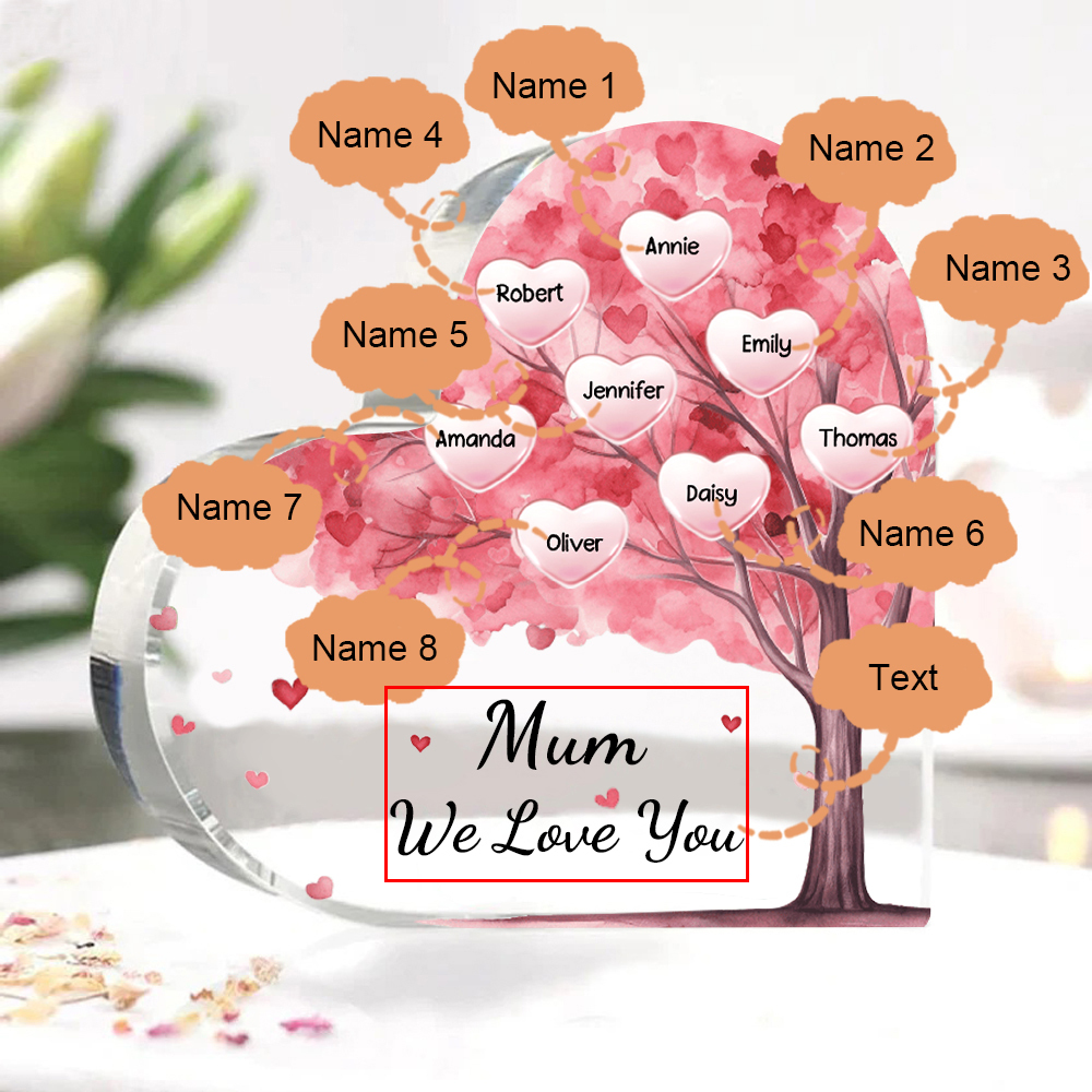8 Names - Personalised Acrylic Heart Keepsake Custom Text Pink Tree Ornaments Gifts for Grandma/Mother-Jessemade AU
