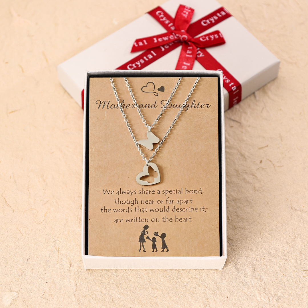 Mother-Daughter Heart Butterfly Pendant Necklace Set Adjustable Necklace with Gift Card for Her-Jessemade AU