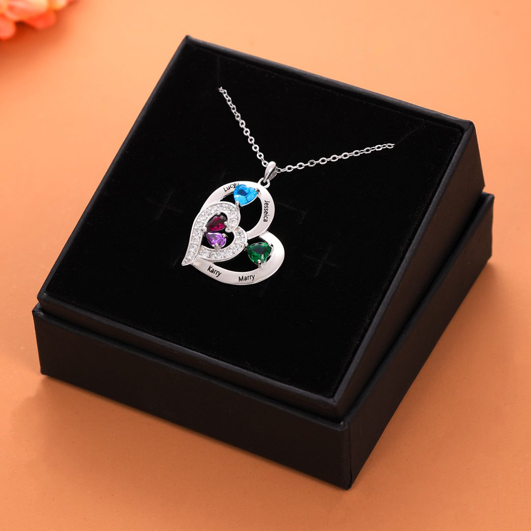 Personalised Heart Necklace With 4 Birthstones Engraved Names Gift For Her-Jessemade AU