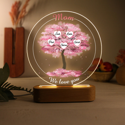 5 Names - Personalised Acrylic Night Light Custom 2 Texts Pink Family Tree LED Lamp Gifts for Mother/Grandma-Jessemade AU