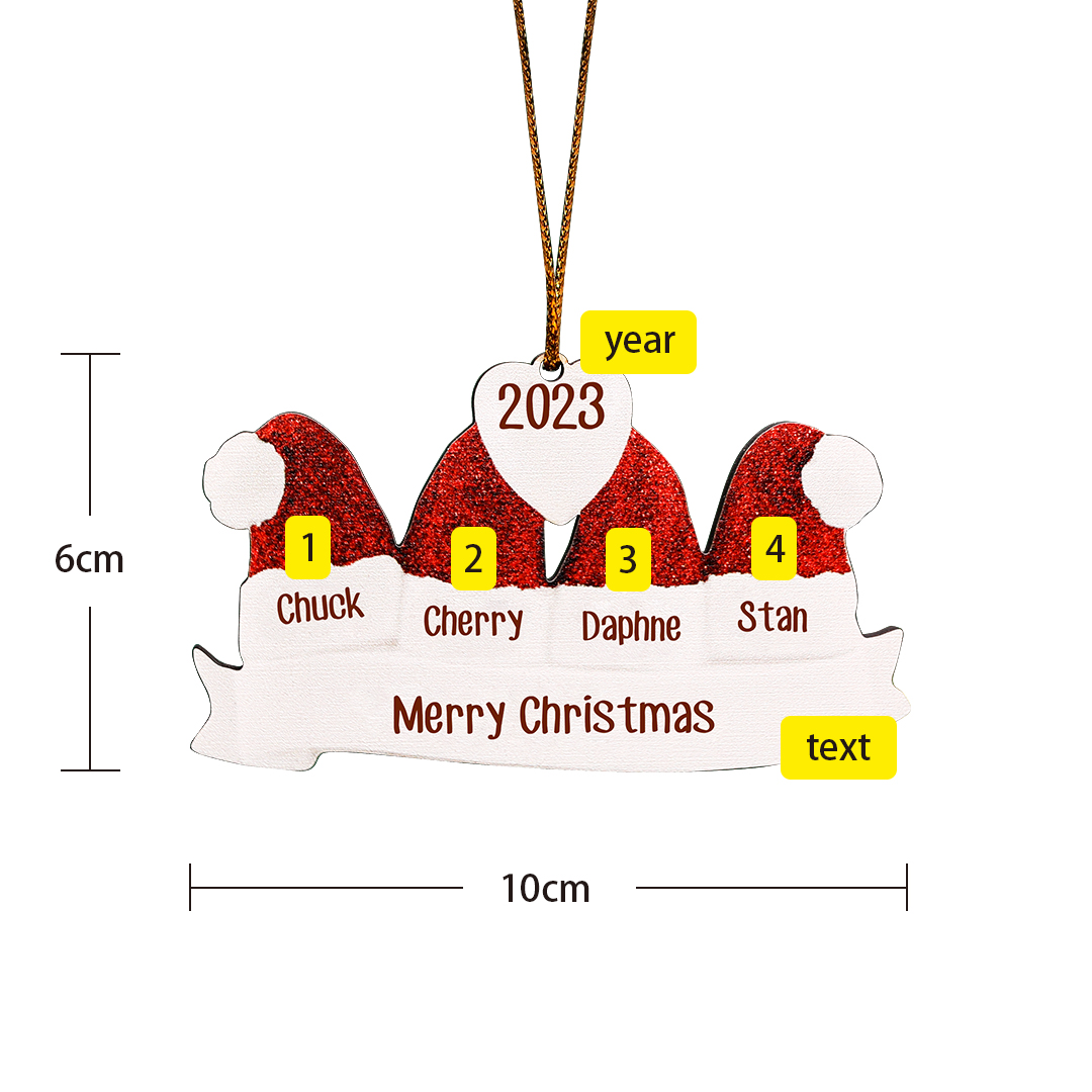 4 Names - Personalised Wooden Christmas Hat Ornaments Custom Text & Name & Year Xmas Pendant Gifts for Family-Jessemade AU