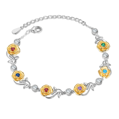 Flowers Bracelet Personalised 6 Birthstones Bracelet Engraved Names Flowers Charm Gifts For Her-Jessemade AU
