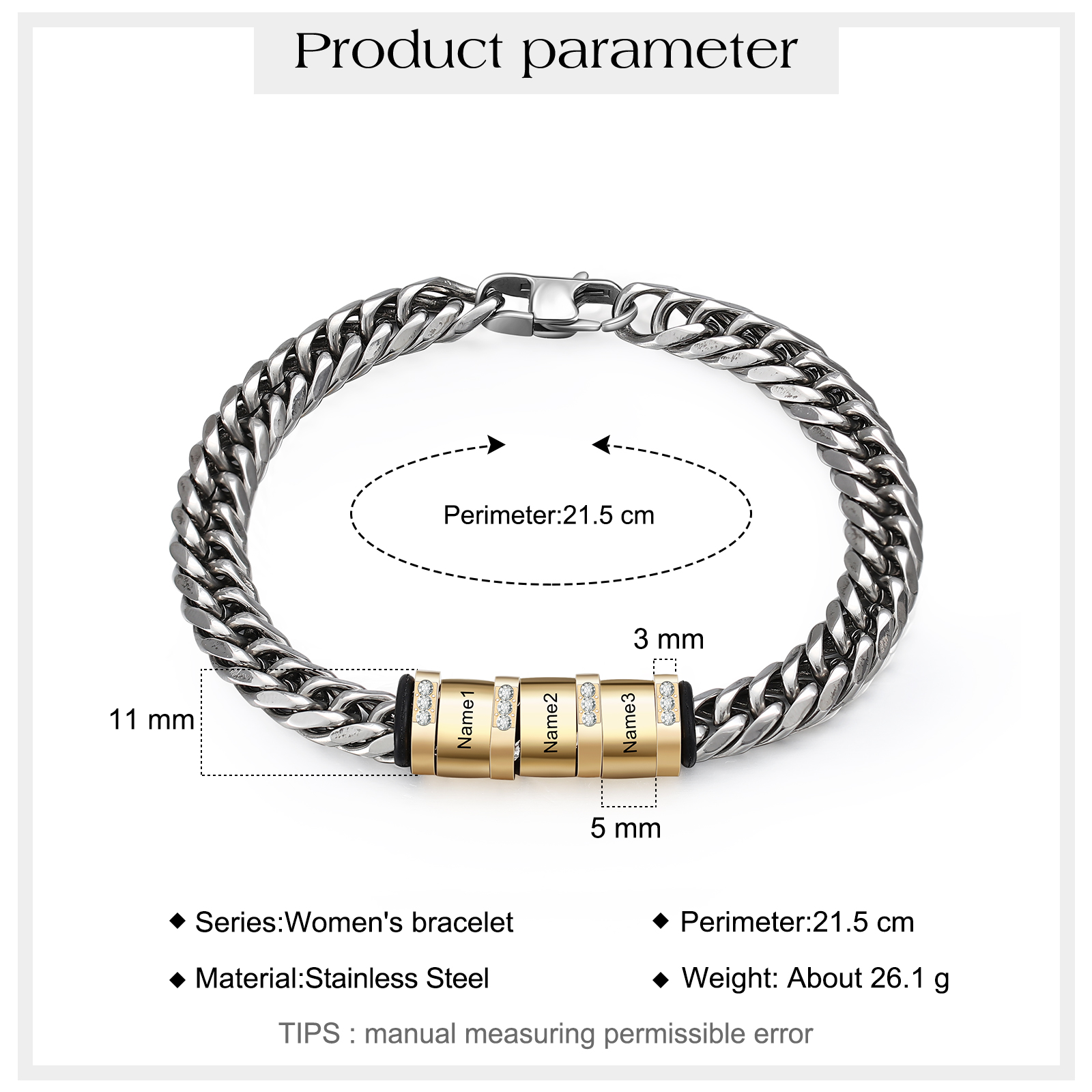 Personalised Cuban Chain Bracelet Customised Name Bracelet with 3 Beads-Jessemade AU