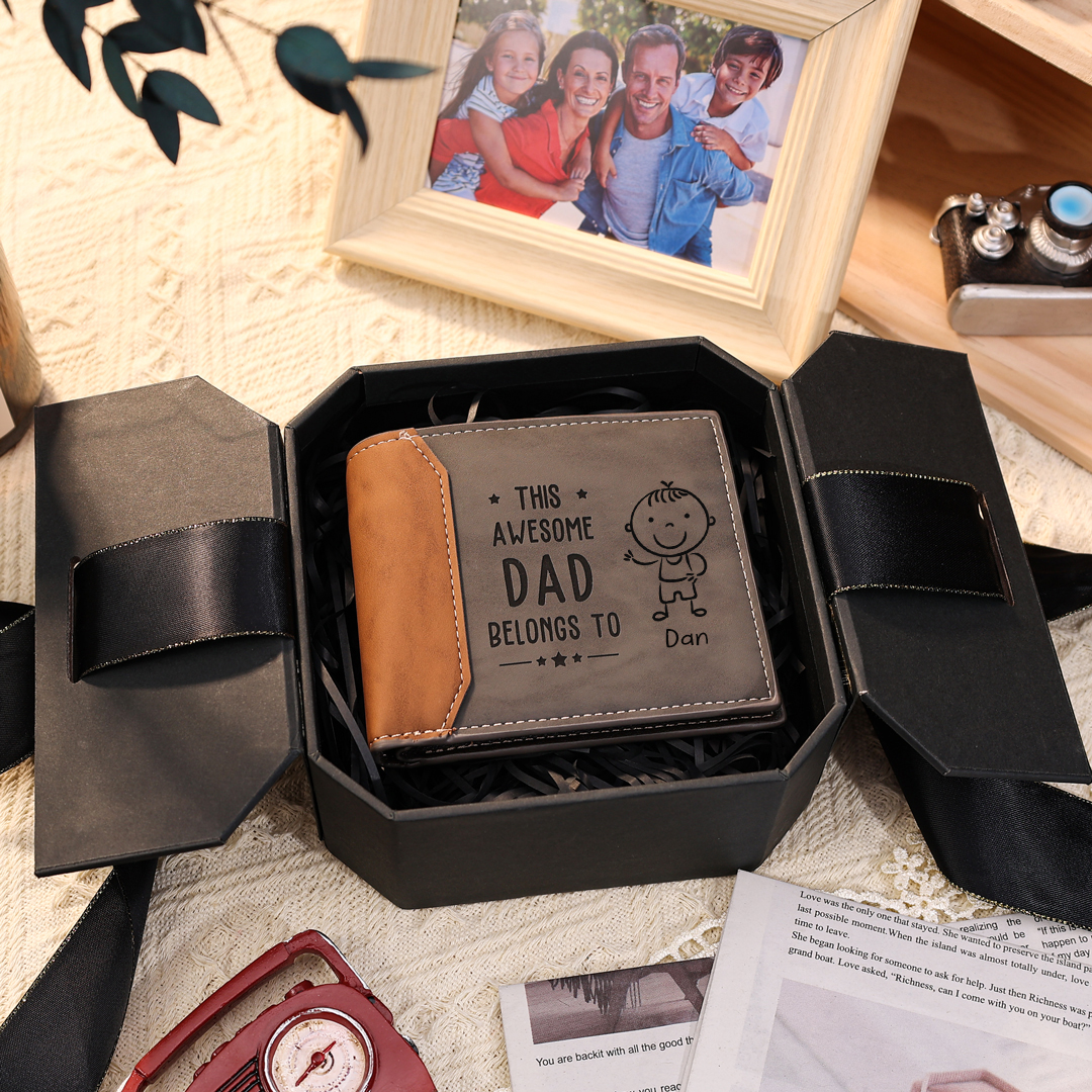 Personalised 1 Name & 1 Photo Wallet Custom Men's Leather Folding Wallet "This Awesome Dad Belongs To" Father's Day Gifts-Jessemade AU