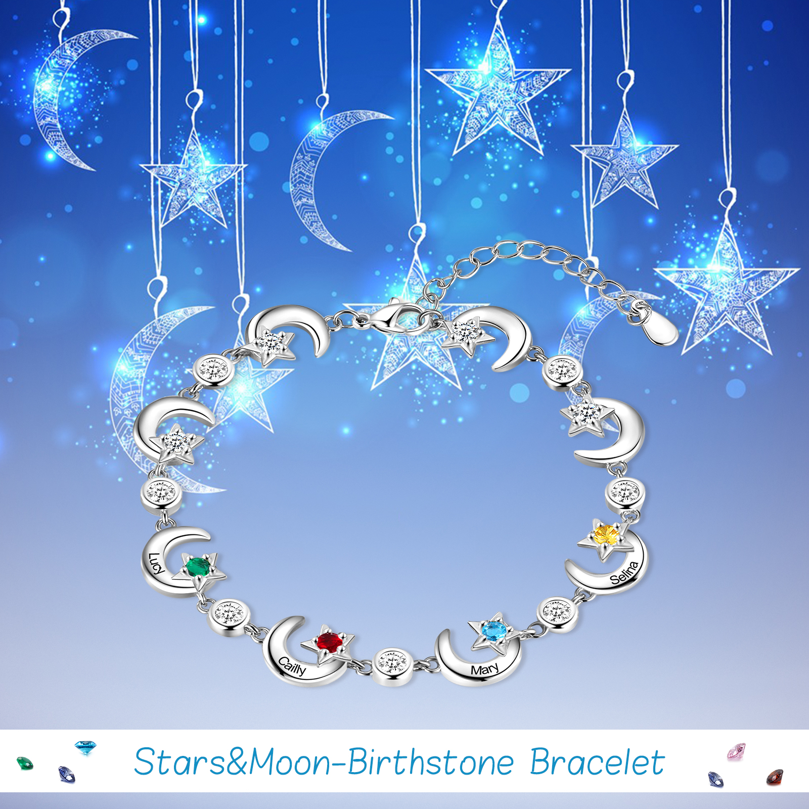 Personalised Moons And Stars Bracelet With 4 Birthstones Custom Names Bracelet Gift For Women-Jessemade AU