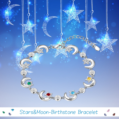 Personalised Moons And Stars Bracelet With 4 Birthstones Custom Names Bracelet Gift For Women-Jessemade AU