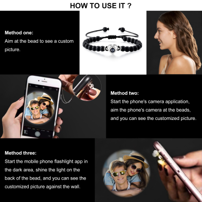 Personalised Projection Beaded Bracelet Customised Photo Bracelet Black Adjustable Bracelet Personalised Gift for Couples-Jessemade AU