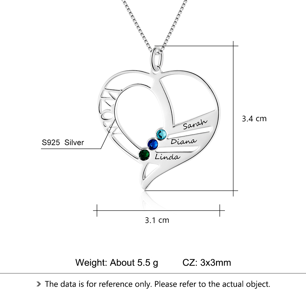 Personalised Heart Necklace With 3 birthstones Engraved Names Gift For Mother-Jessemade AU