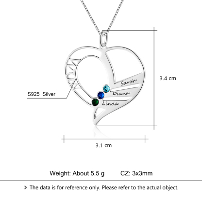 Personalised Heart Necklace With 3 birthstones Engraved Names Gift For Mother-Jessemade AU