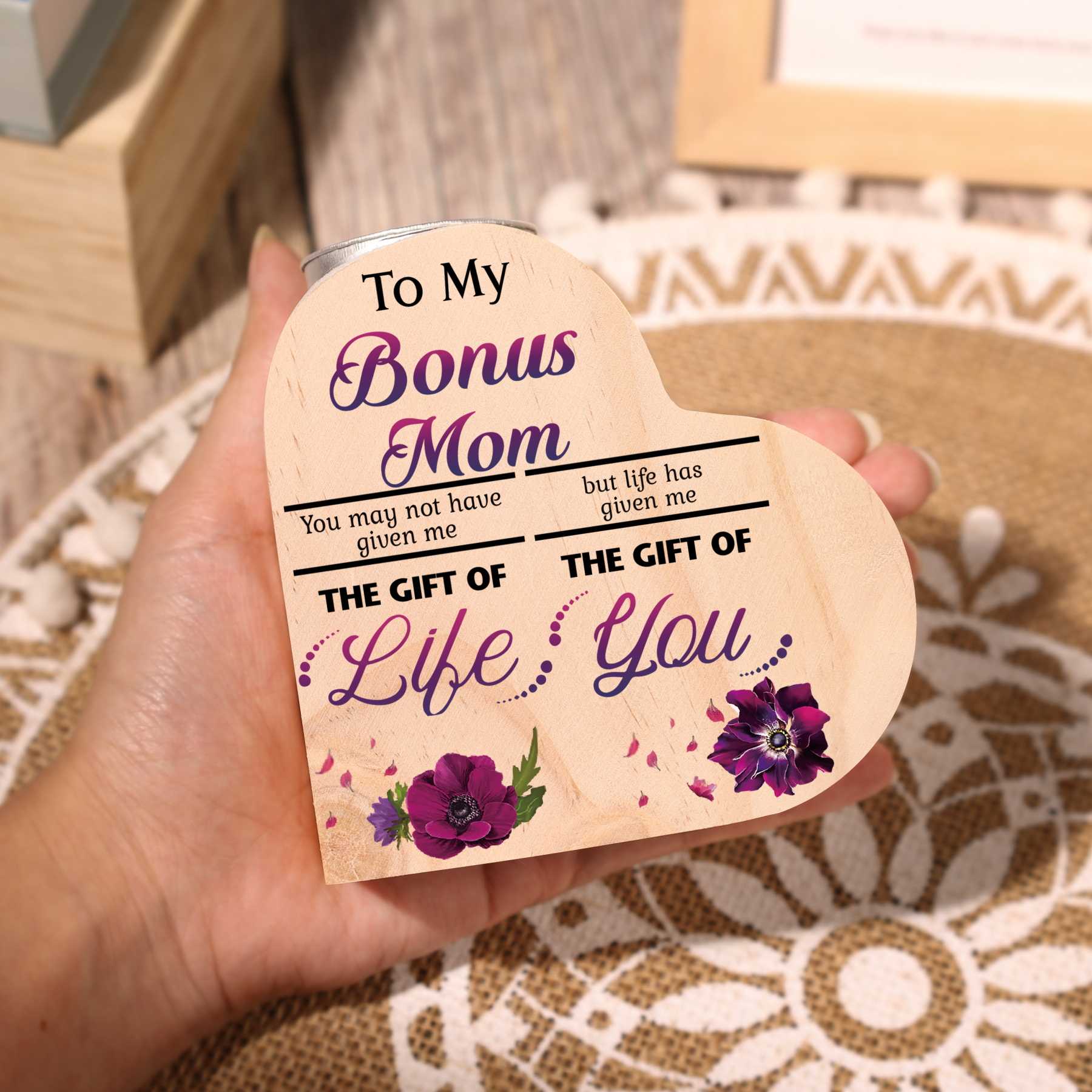 To My Bonus Mom/Mum Violet Flower Heart Candle Holder "Life Has Given Me The Gift of You" Wooden Candlestick-Jessemade AU