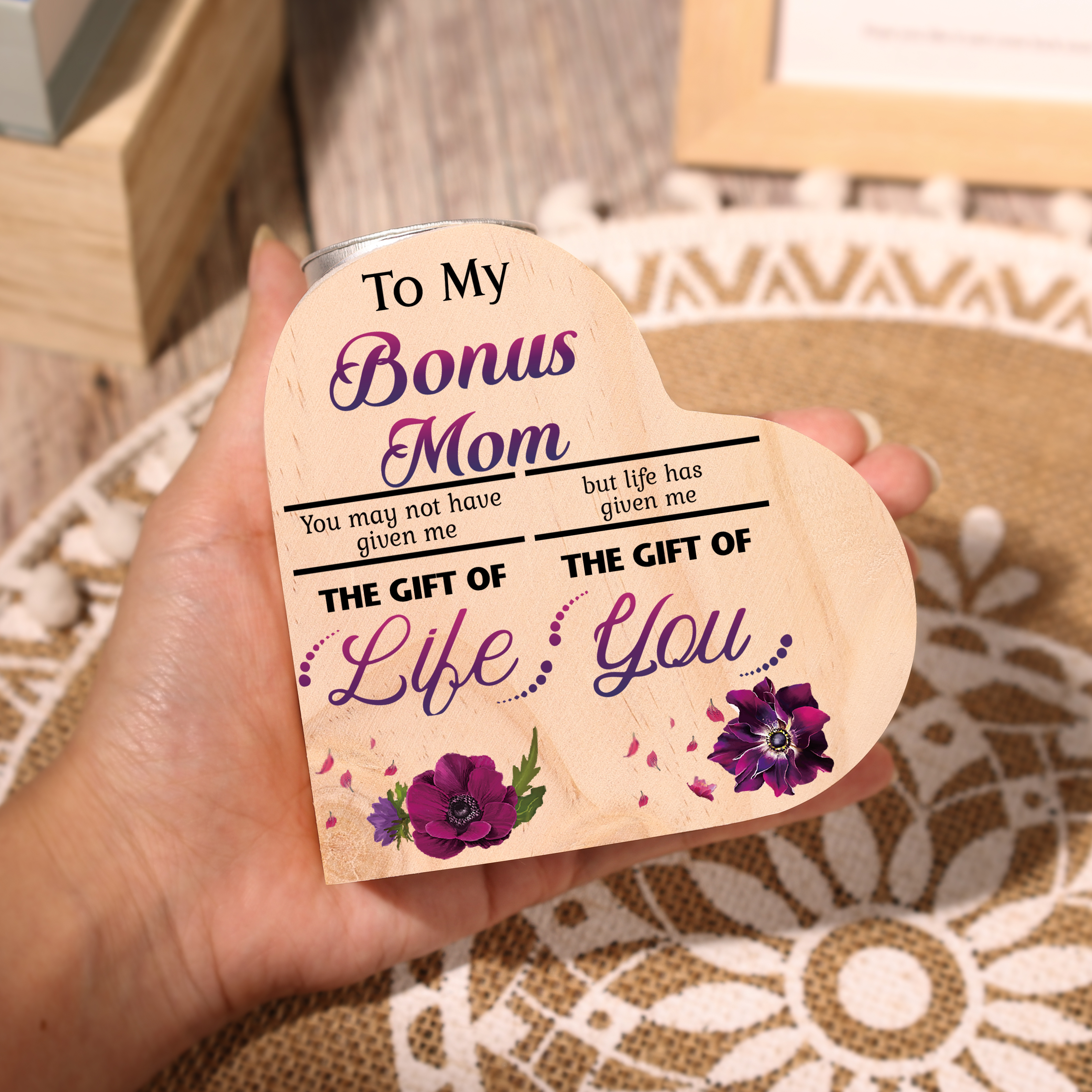 To My Bonus Mom Violet Flower Heart Candle Holder "Life Has Given Me The Gift of You" Wooden Candlestick-Jessemade AU