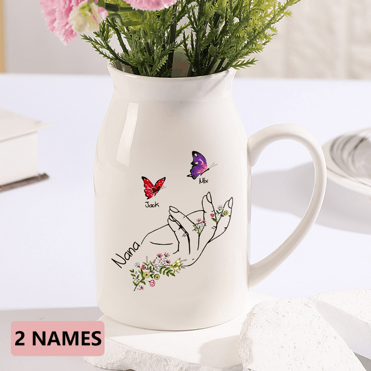 Personalised Ceramic Flower Vase Custom 2–8 Names & 1 Text Butterfly In Hand Vase Gift for Mother/Grandma-Jessemade AU