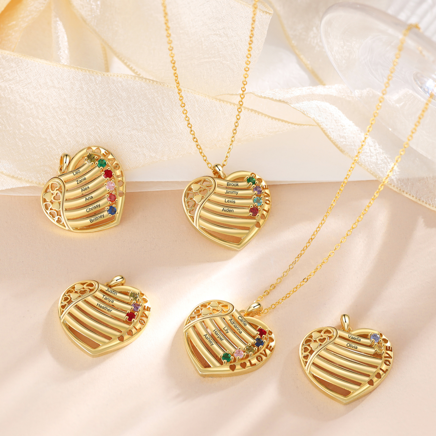 LOVE Heart Necklace Custom 3 Names & Birthstones Family Necklace Gifts For Her-Jessemade AU