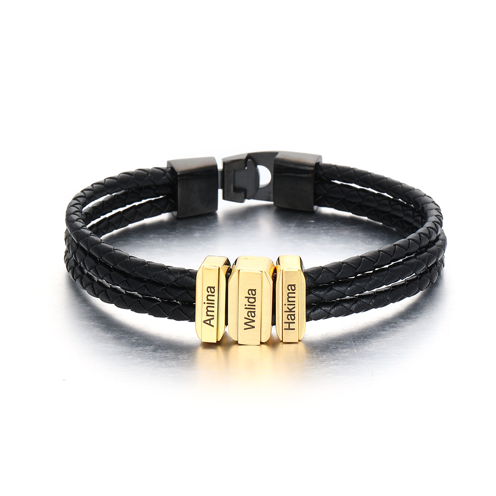 Mens Leather Bracelet with Customised Beads Personalised Three Layer Bracelet Engraved 3 Names-Jessemade AU