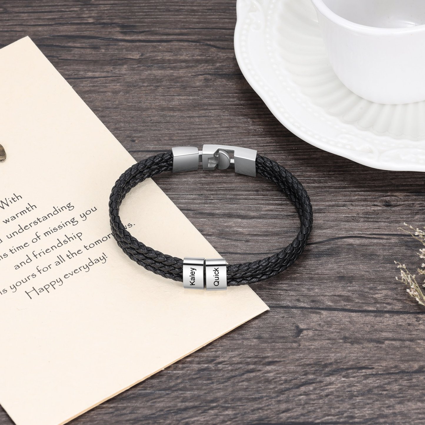 Personalised Braided Leather Bracelet Engraved 2 Names Men's Bracelet Gifts For Him-Jessemade AU