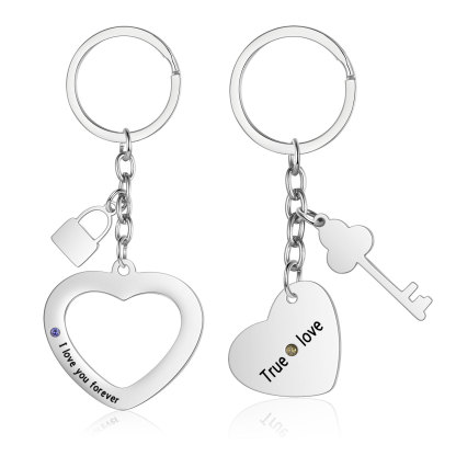 Personalised Couple Keychain Set Customised with 2 Names & 2 Birthstones Keychain Heart Matching Gift-Jessemade AU